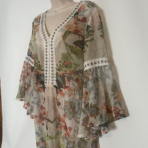 Alberto Makali Floral Sheer Long Dress Lace Trim Bell Sleeves Peasant Boho M - Picture 10 of 16
